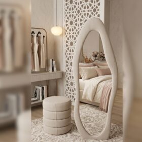 Accueil ensemble miroir sur pied + pouf en tissu bouclé – pack complet design 160x60 cm & 50x40 cm